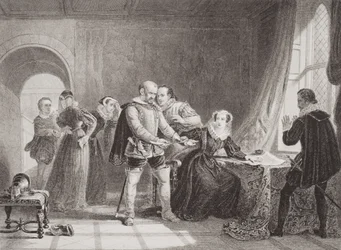 Mary Queen of Scots (1542-87) joutui allekirjoittamaan kruununsa Lochlevenin linnassa vuonna 1567, "Englannin ja Skotlannin historian kuvituksia" osasta I.
