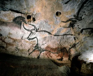 Paleoliittista taidetta, jossa on härkiä, peuroja ja hevosia kalsiittiluolan seinissä, Lascaux, Ranska., 2022 (kuva).