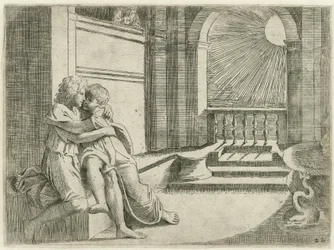 Abimelech ziet Isaak Rebekka liefkozen Bijbelse-kohtaukset (sarjan nimi) Historia del Testamento Vecchio / Raffaelle di Urbinin maalaama Roomassa Vatikaanissa (...) (sarjan nimi)