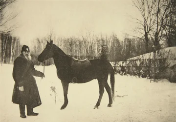Venäläinen kirjailija Leo Tolstoi hevosen kanssa, Yasnaya Polyana, lähellä Tulaa, Venäjä, 1905.