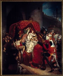 Bruggen kapina 1436: "" Burgundin herttuatar Bruggen porteilla""" Portugalilainen Isabella (1397-1471) pidätettiin poikansa Kaarle Temeraryn kanssa linnoitusten alla. Sophie Ruden (1797-1867) maalaus 1841 su. 1,84 x 1,5 m Dijon, Museum of F