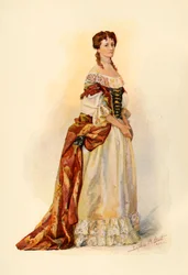 Punaisesta brokadista valmistettu puku, jota käytettiin Barbadosin siirtokunnassa c1685, 1903, 1937.