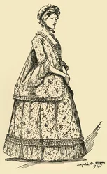 Kuva lyhyestä Watteau-sakkista, jota on käytetty alushameen päällä, n. 1750-1800, 1903, 1937.