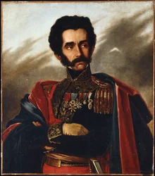 Vapauttaja Simón Bolívarin puolivartalomuotokuva juhlaunivormussa, noin 1840