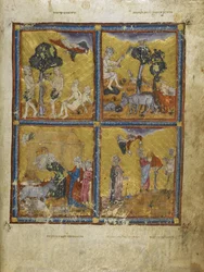 Lisätä. 27210 f.2v Adam ja Eeva, elokuvasta "The Golden Haggadah" (muste, väri ja kulta perunakalvolla)