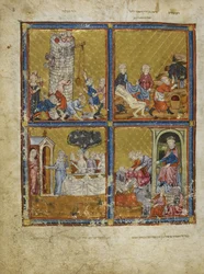 Lisätä. 27210, f.3 Kohtauksia Genesiksen kirjasta: Baabelin tornin rakentaminen; Noah Leikkaa viinirypäleitä; Abraham ja Saara; Nimrod ja Abraham, kuvituksia Kultaisesta Haggadasta (vellum)