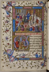 Lisätä. 28962, f.281v, Alfonso V osallistuu messuun, Psalter ja Hours of Alfonso V of Aragon. n. 1442 (vellum)