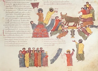 Kultaisen vasikan jumalointi, visigootti-mosarabialainen Pyhän Isidores-Raamattu, fol.46r., jKr. 960 (tempera perunakalvolla)