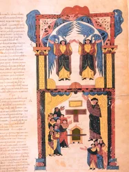 Enkelit ja Daavid liitonarkin kanssa seisomassa Salomon temppelin edessä, fol.139r., visigoottilais-motsarabialainen Pyhän Isidores-Raamattu, 960 jKr. (tempera vellum)