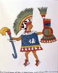 Atsteekkien soturi Codex Vaticanus 3738:ssa (Codex Vat. Rios). Faksimile dominikaanisen Pedro de los Riosin käsikirjoituksesta vuosina 1570–1589, Bibl. Vatikaani.