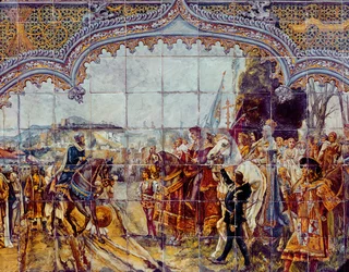 Boabdil luovuttaa Granadan avaimet katolisille kuninkaille vuonna 1492 (keraaminen)
