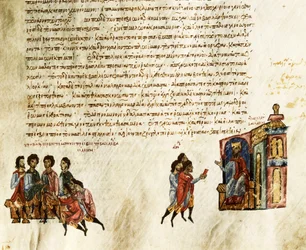 Bysantin keisari Basil I soitti makedonialaiselle (812-886) vastaanottamaan Serbian suurlähettiläitä (pienikokoinen)