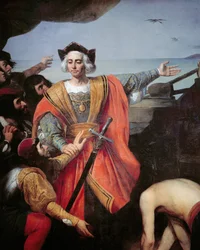 Christopher Columbus, karavellillaan, elehtii Guanahanin saarelle (San Salvador) 12. lokakuuta 1492, yksityiskohta (öljy kankaalle)