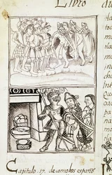 Meksikon valloitusta käsittelevä koodeksi - pienoiskuva Bernardino de Sahagunin firenzeläisestä käsikirjoituksesta "Storia degli Aztechi" (Atsteekkien historia).