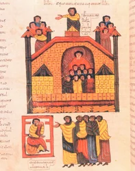 Jerusalemin valloitus Nebukadnessarin toimesta ja profeetta Jeremia vastaanottaa kaupungin arvohenkilöt, fol.283v., visigoottilais-mozarabialaisesta Pyhän Isidoreksen Raamatusta, jKr. 960 (tempera vellum)