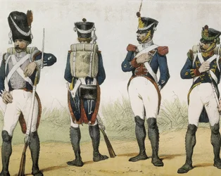 DE SOTTO, Serafin Maria, Clonardin jaarli (1793 - 1862). Historia organica de las armas de Infanteria y Caballeria espanolas. 1851 - 1859. Jalkaväen sotilaat Espanjan Ferdinand VII:n valtakaudella. Grenadier, kiväärimies, kersantti ja chasseur (1815-1820).