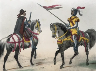 DE SOTTO, Serafin Maria, Clonardin jaarli (1793 - 1862). Historia organica de las armas de Infanteria y Caballeria espanolas. 1851 - 1859. Ratsumiehet Espanjan Filip II:n valtakaudella. "Heraldo de caballeria" (aseheraldikko) ja "hombre de armas" (mies).