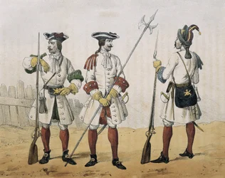DE SOTTO, Serafin Maria, Clonardin jaarli (1793 - 1862). Historia organica de las armas de Infanteria y Caballeria espanolas. 1851 - 1859. Linjan jalkaväki Espanjan Filip V:n valtakaudella. Kiväärimies, kersantti ja krenatööri (1707-1718). Litografia. ESPA