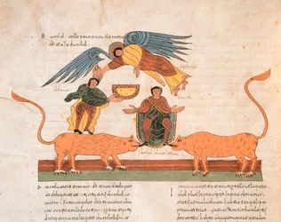 Daniel leijonien luolassa, visigootti-mozarabialainen Pyhän Isidores-Raamattu, fol.325v., jKr 960 (tempera vellum)