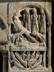 Kristuksen laskeutuminen. Pyhän Dominic de Siloksen mestarin (1100-luvulla) tekemä veistos. Relief kiveen
