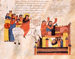 Kuningas Daavidin saapuminen Jerusalemiin trumpettien soidessa, visigoottilais-motsarabialainen Pyhän Isidores-Raamattu, Fol.135r., A.D. 960