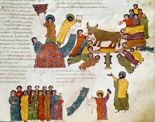Exodus: "" kultaisen vasikan palvonta"" Mooses ja lain taulukot. Miniatyyri mozaraabialaisesta Raamatusta. 10. vuosisadalla. Leon. Pyhän Isidoren Royal Collegiale -kirjasto. Espanja