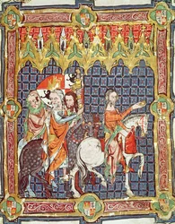 Fol. 10r Alfonso VII (1105-57) ja hänen puolisonsa Berenguela Barcelonalainen johdatetaan tapaamaan arkkipiispaa, Aragonian ja Kastilian kuninkaiden kruunajaisia kuvaavasta käsikirjoituksesta