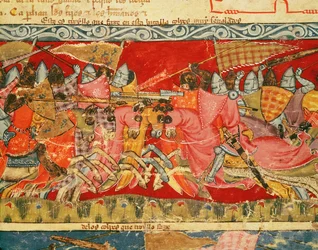 Fol.110r Taistelu kreikkalaisten ja troijalaisten välillä Codex Benito Santa Morasta