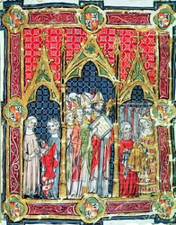 Fol. 13r: Aragonian ja Kastilian kuninkaiden kruunajaiset: Alfonso VII (1105-57) tarjoaa kultaista leipää Toledon arkkipiispan läsnä ollessa, Libro de los Testamentos -teoksesta