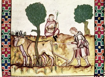 Fol.237r Maanviljelijä, joka opettaa poikaansa kyntämään peltoa
