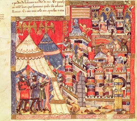 Fol.40v Kreikkalainen leiri ja Troijan kaupunki Codex Benito Santa Morasta
