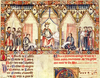 Fol.5r Alfonso X:n (1221-84) Viisaan, Kastilian ja Leonin kuninkaan hovi, pienoiskuva Cantigas de Santa Mariasta