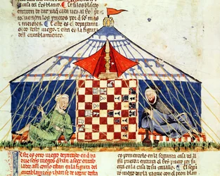 Fol.62v Kaksi arabia pelaamassa shakkia teltassa, pelien kirjasta, Shakki, nopat ja laudat, 1282