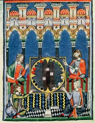 Fol.89v Neljä arabialaista backgammon-pelaajaa pelien kirjasta, shakki, noppa ja laudat, 1282
