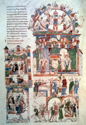 Salomon historia: "" Kuningas Salomo vastaanottamassa kunnianosoitusta"" Sivu (129 v;) otettu "" Rodan Raamatusta"" (man. lat. 6), joka tehtiin Espanjassa 1000-luvulla. Paris, B.N.