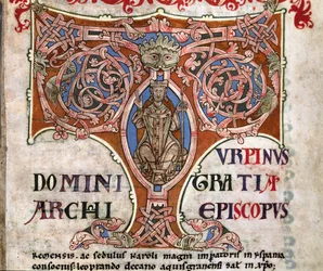Alkukirjain T, jossa Charlemagne, kuvitus Codex Calixtinuksesta, n. 1140