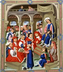 Jaume Marquilles antaa kirjansa Barcelonan neuvonantajille kuningas Alfons IV Suurmielisen läsnä ollessa, 1400-luku (käsikirjoitus).