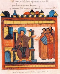 Kuningas Daavid istumassa valtaistuimellaan hovinsa ympäröimänä, pyhän Isidoruksen visigoottis-mosarabialaisesta Raamatusta, fol. 126r, 960 jKr.