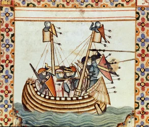 Les croises matkalla piirittämään Sarrazinen linnoitusta. Yksityiskohta yhdestä sivusta, joka on otettu Pyhän Marian laulun (Cantigas de Santa Maria) käsikirjoituksesta, koristelee Pyhälle Marialle ja hänen ihmeilleen omistettuja miniatyyrejä, kokoelma lau