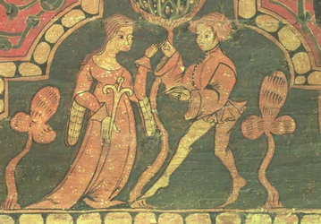 Rakkauskohtaus, yksityiskohta paneelista Penafielin linnasta, Valladolidista, Claustro de Silosin työpaja (öljy paneelille)