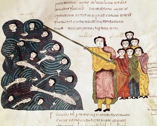 Vietettyään Israelin kansan Punaisenmeren yli Mooses näki egyptiläisten hukkuvan. Miniatyyri mozaraabialaisesta Raamatusta. 10. vuosisadalla. Leon. Pyhän Isidoren Royal Collegiale -kirjasto.