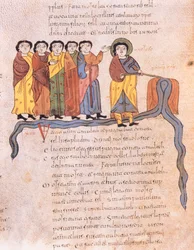 Mooses saa veden virtaamaan Horebin kivistä, 2. Moos. 17 1-7, visigootti-mozarabialainen Pyhän Isidores-Raamattu, fol.40v., A.D. 960 (tempera vellum)