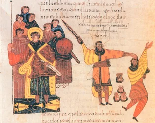 Nebukadnessar käskee kapinallisen Sidkian pojat tappaa, fol.289v., visigoottilais-mosarabialaisen Pyhän Isidoren Raamatun mukaan. 960 (tempera vellum)