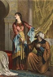 Omar, muslimiprinssi, tekee rakkaudenjulistuksen Kastilian kreivitär Sancha Onalle. Juan Justo Huguetin teoksessa The Cult of Beauty, toimittajat Molinas Hermanos
