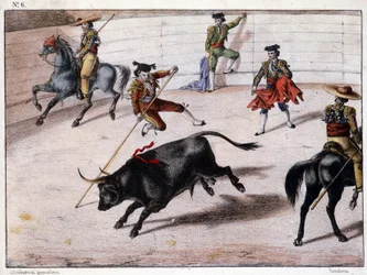 Ahvenhyppy, härkätaistelut Espanjassa, espanjalainen litografia, sd. 1800-luvulla