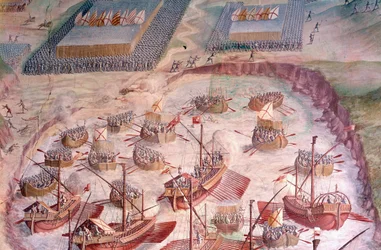 Espanjalaisten galleonien regatta matkalla Acoresiin vuonna 1582 Espanjan kuninkaan Philip II:n (1527-1598) johdolla. 1500-luvun fresko. Taisteluhalli, Escorialin palatsi, Madrid.