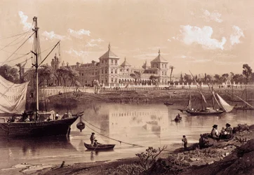 Sevilla, San Telmon palatsi Guadalquivirjoen rannalla. Andalusia, Espanja (1800-luku). Madrid, kansalliskirjasto.