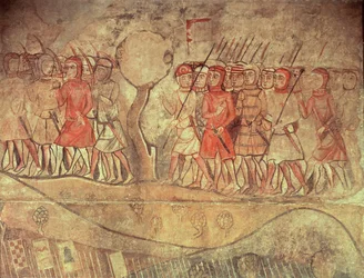 Kuningas James I:n (1208-76) armeijan sotilaita joukko jalkasotilaita jousilla ja lansseilla, yksityiskohta Barcelonan entisen Palacio Realen seinämaalauksesta (seinämaalaus)