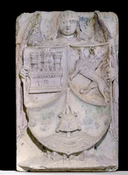 1300-luvun espanjalainen laastari: Kastilian ja Leonin vaakuna, Saint Jacques de Compostelaa muistuttava pelerin sauva, säilytetty Fontenayn, Burgundiassa (Kastilian ja Leonin vaakuna, Espanja)
