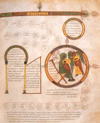 Ilmoitus Marialle ja Jeesuksen sukututkimus, visigoottilais-mozarabilainen Pyhän Isidores-Raamattu, fol.10r., A.D. 960 (tempera on vellum)